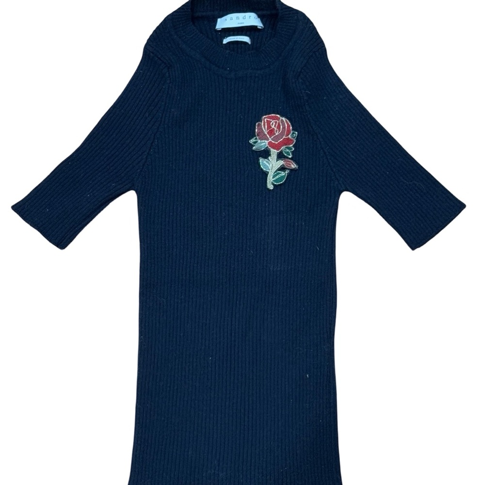 Sandro Women’s Rose Embroidered Navy Blue Knit Top